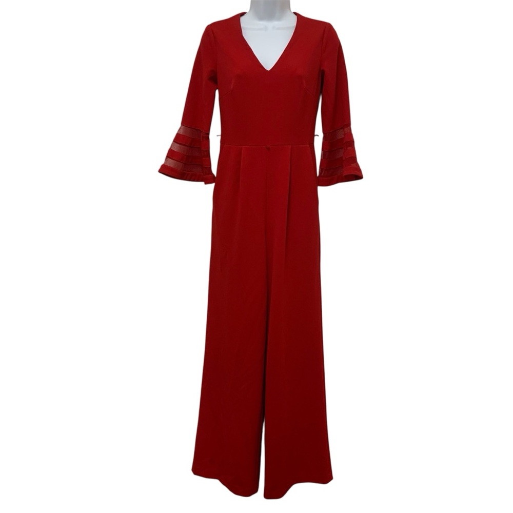 Clavin Klein Red Jumpsuit V Neckline Ruffle Bell Sleeves Women’s Size 2